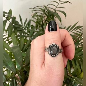 Size 8.5 - Twisted Hexagon Silver Sheen Sapphire Ring